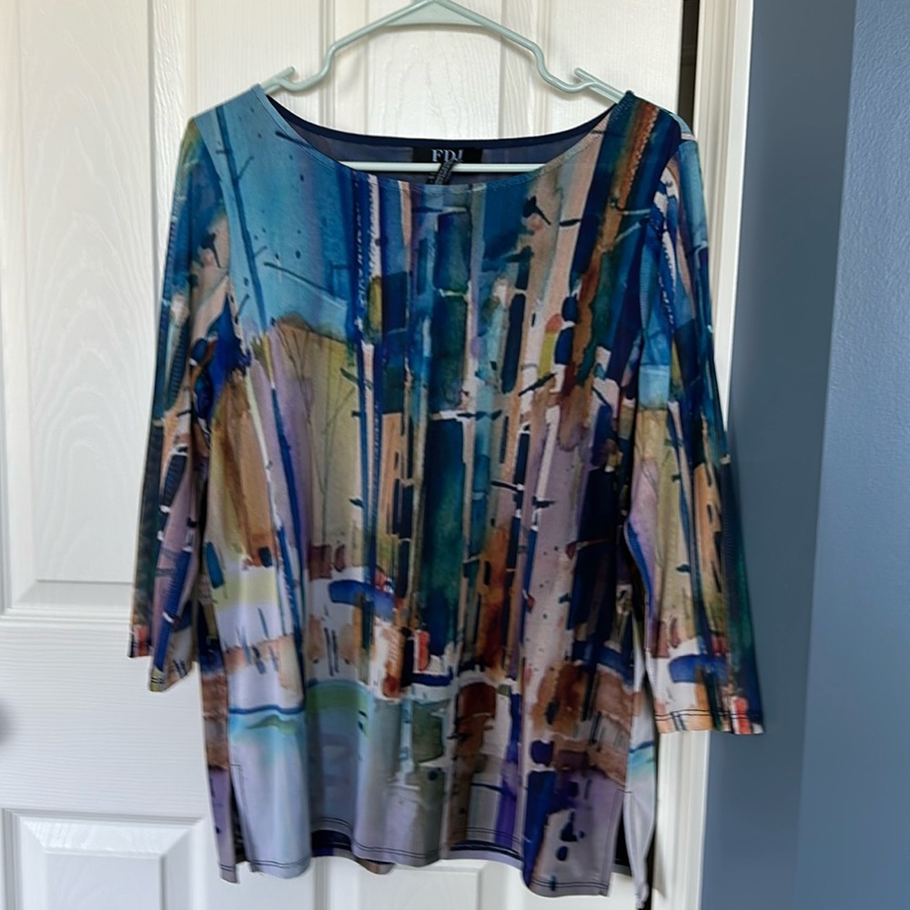 FDJ Blue Multi-Print Women's Scoop Neck Top